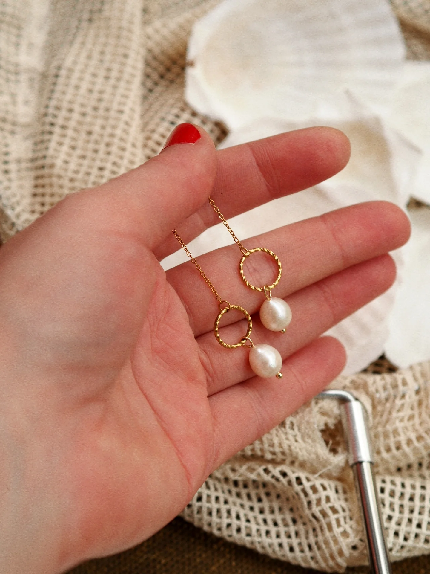 Serene Pearl Chain Earrings in Gold - Image 3