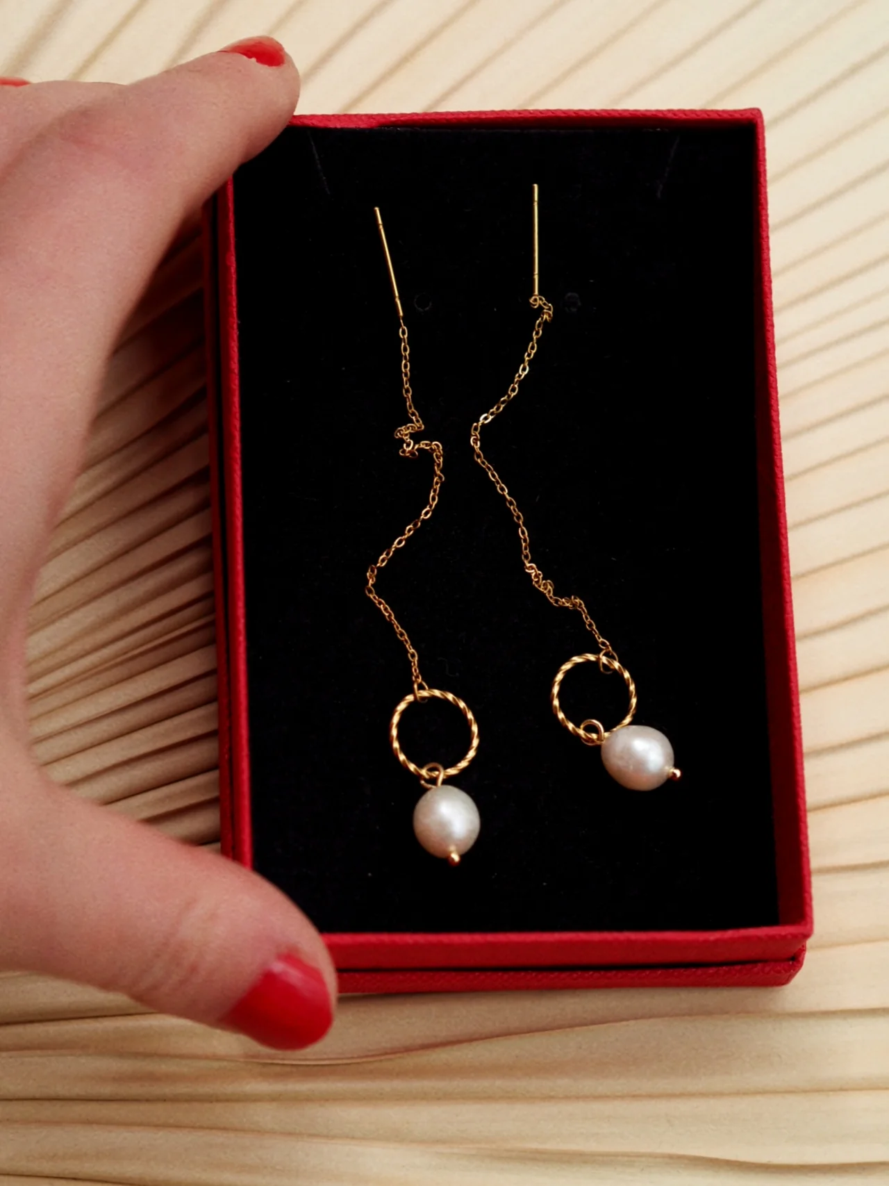 Serene Pearl Chain Earrings in Gold - Image 4